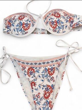 Women's Cream Floral Tie-Side Bikini Set - Cream, Red & Blue